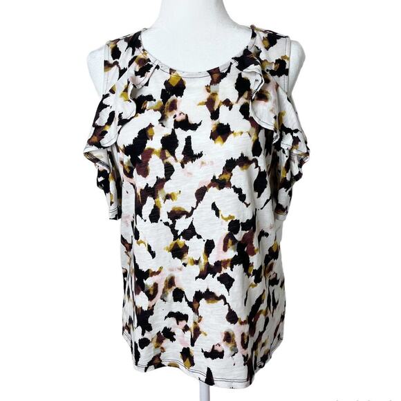 Ellen Tracy Women's Cold Shoulder Top M Geometric Print Short Sleeve Blouse NWT - Picture 1 of 11